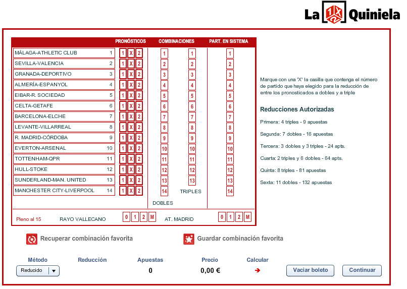 Reduced football pool interface at loteriasyapuestas.es